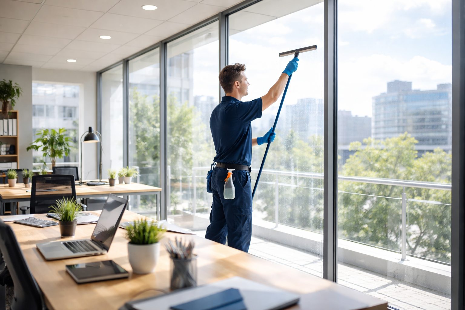Agent d’entretien nettoyant les vitres d’un bureau lumineux pour améliorer l’entrée de lumière naturelle