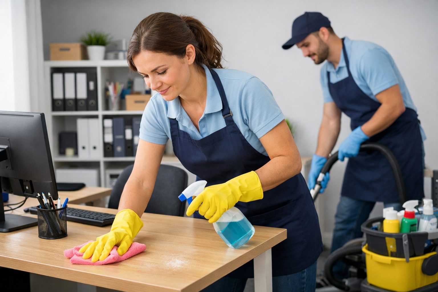 Agent d’entretien nettoyant un bureau de petite surface avec mobilier professionnel dans des locaux propres et bien organisés