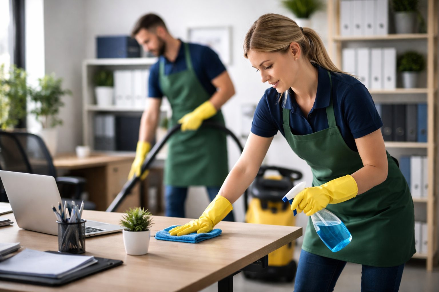 Nettoyage précis de bureaux dans une petite structure avec surfaces impeccables, poste de travail ordonné et environnement professionnel très soigné