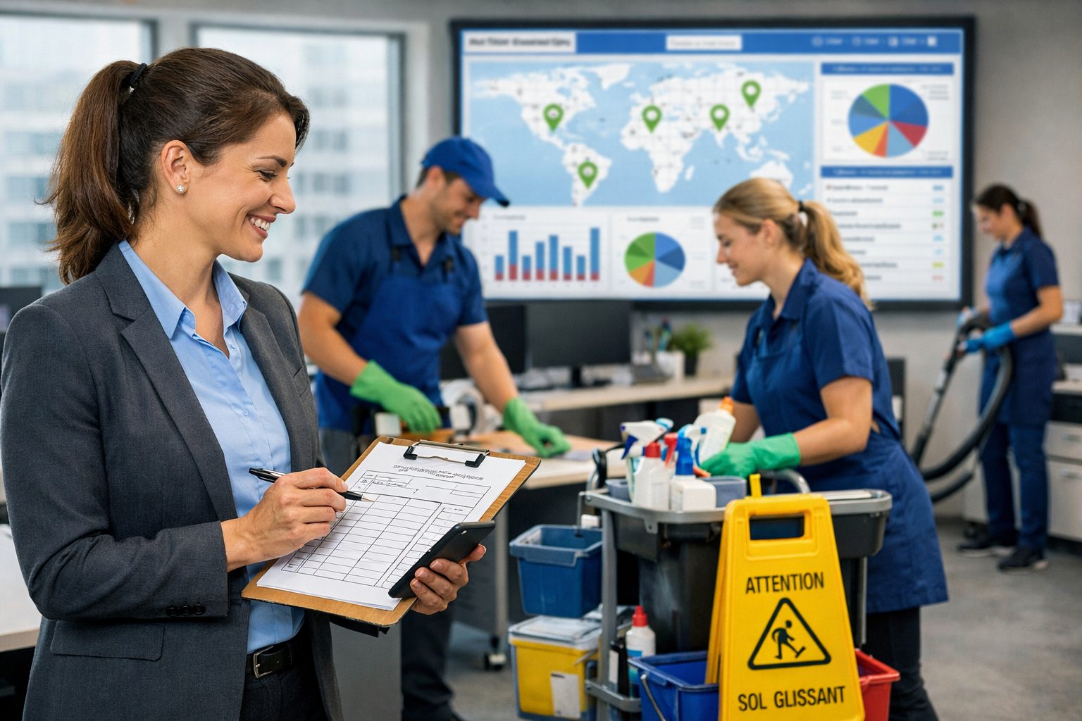 Responsable supervisant une équipe de nettoyage dans des bureaux multisites avec tableau de suivi qualité