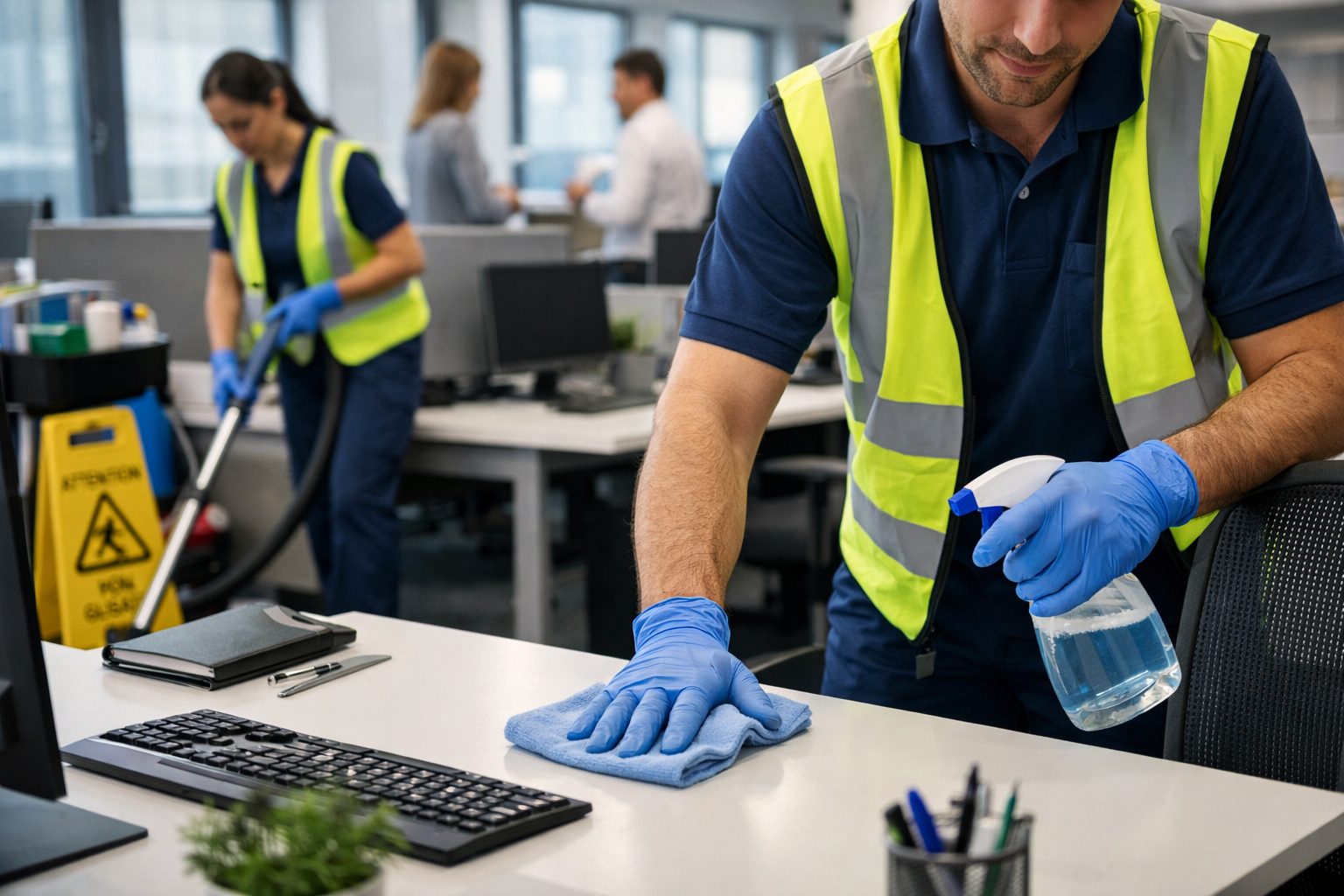 Propreté standardisée dans des bureaux professionnels sur plusieurs sites avec espace de travail moderne, surfaces nettes et environnement parfaitement entretenu