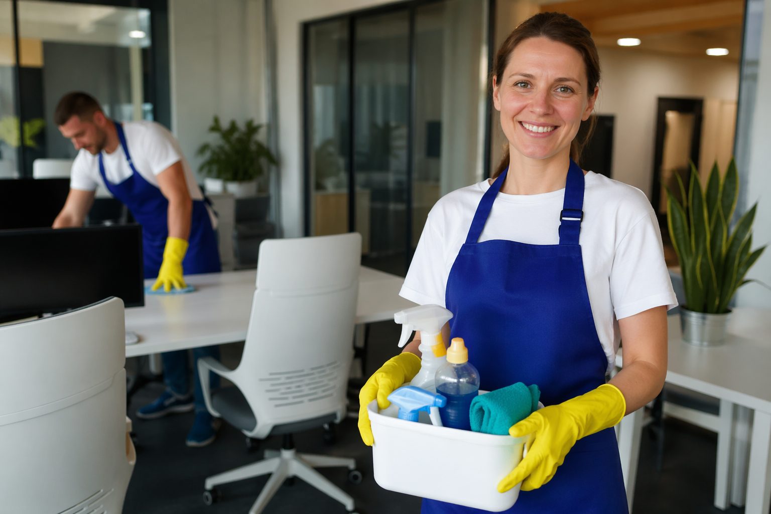 Équipe de nettoyage dans un bureau moderne local en train d’assurer l’entretien professionnel des espaces de travail