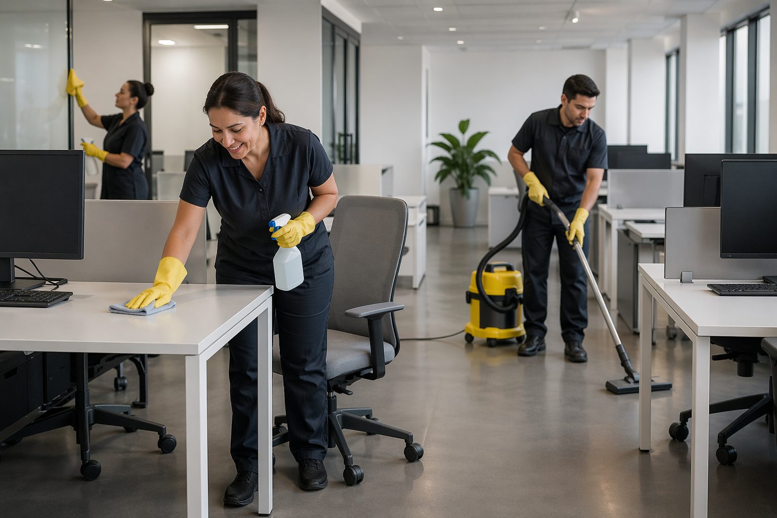 Équipe locale de nettoyage en train d’entretenir des bureaux modernes dans un open space lumineux
