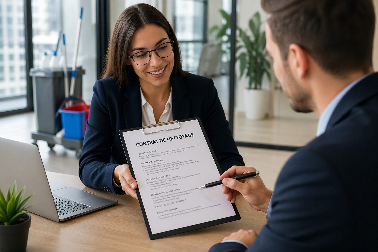Deux professionnels en réunion dans un bureau moderne analysent un contrat de nettoyage de bureaux.