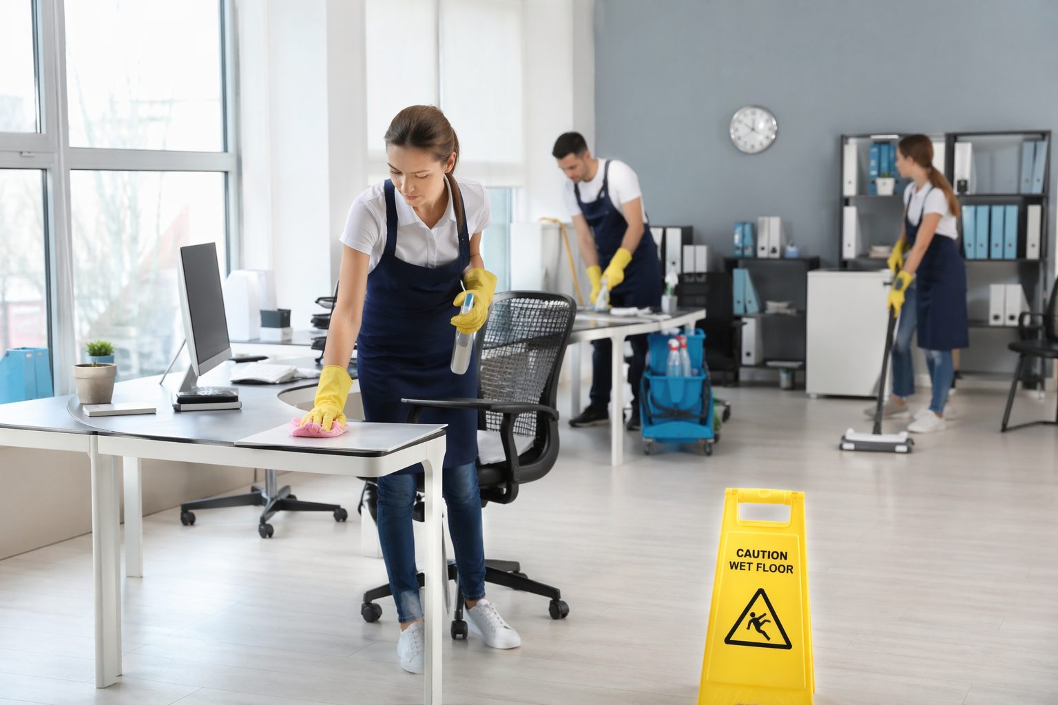 Équipe de nettoyage dans un bureau moderne illustrant la flexibilité d’un contrat de nettoyage de bureaux modulable