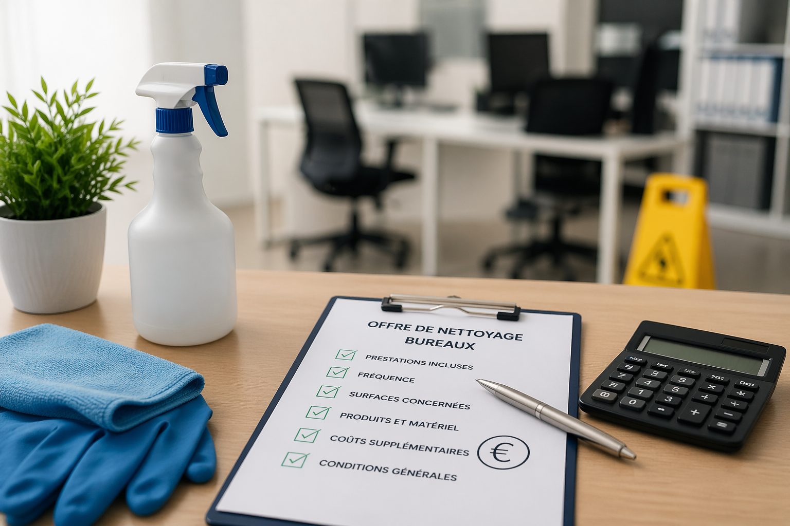 Checklist sur un bureau dans un open space pour analyser une offre de nettoyage de bureaux et éviter les coûts cachés