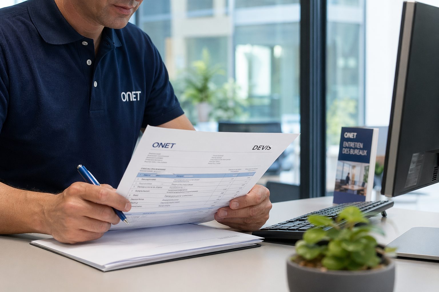 Employé analysant un devis détaillé d’entretien de bureaux dans un espace de travail moderne et propre