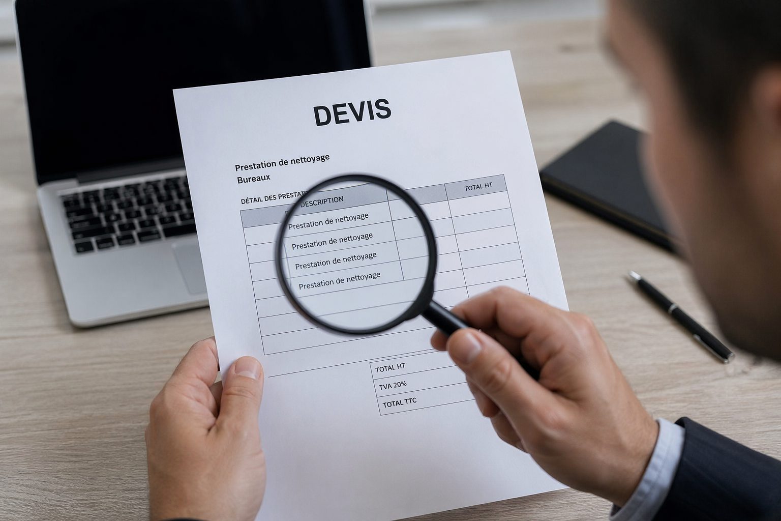 Personne analysant un devis de nettoyage de bureaux avec une loupe sur un bureau professionnel
