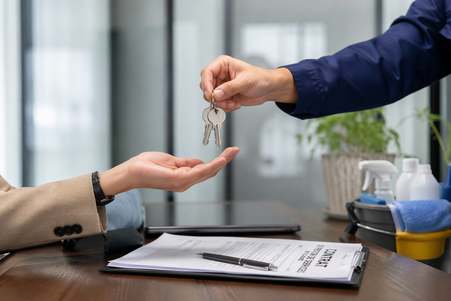 Remise de clés entre un responsable d’entreprise et un prestataire de nettoyage de bureaux dans un environnement professionnel