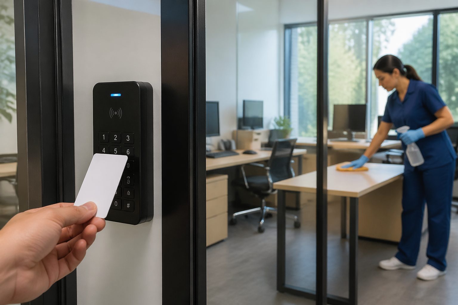 Agent de nettoyage dans un bureau moderne derrière une porte vitrée sécurisée par lecteur de badge pour contrôler un accès sensible