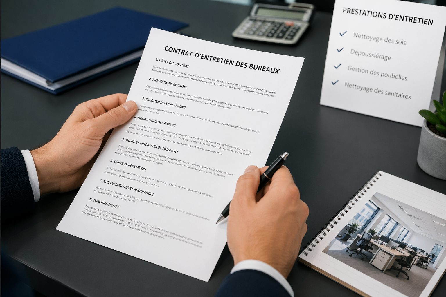 Personne relisant un contrat d’entretien de bureaux avec les clauses importantes sur un bureau professionnel