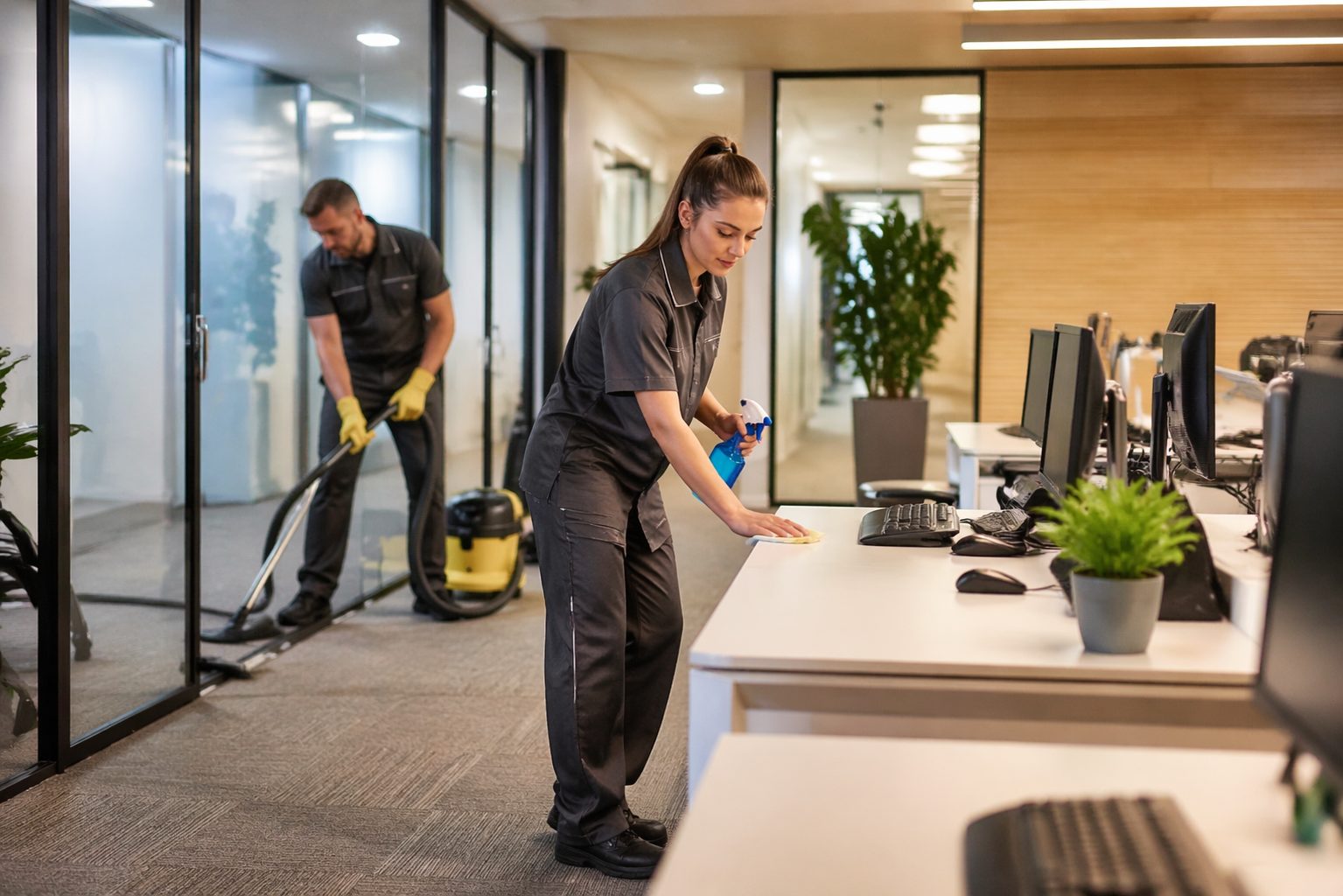 Agent d’entretien nettoyant un bureau moderne pendant qu’un collègue aspire le sol pour améliorer la réactivité en entreprise