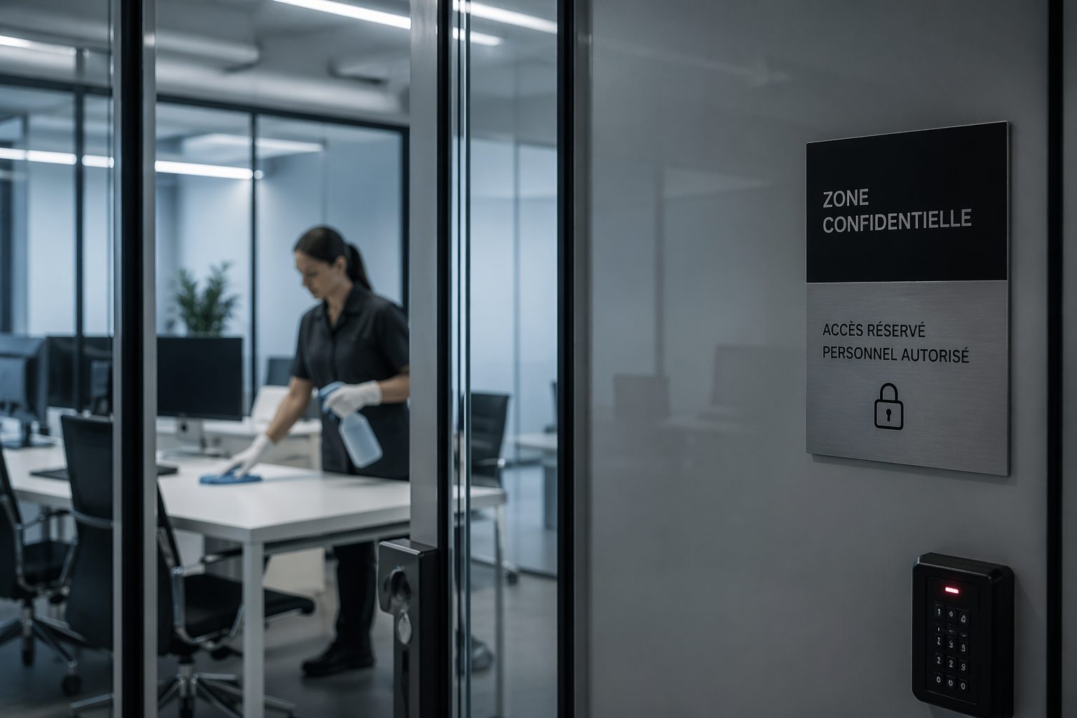 Agent d’entretien nettoyant un bureau dans une zone confidentielle avec accès réservé au personnel autorisé