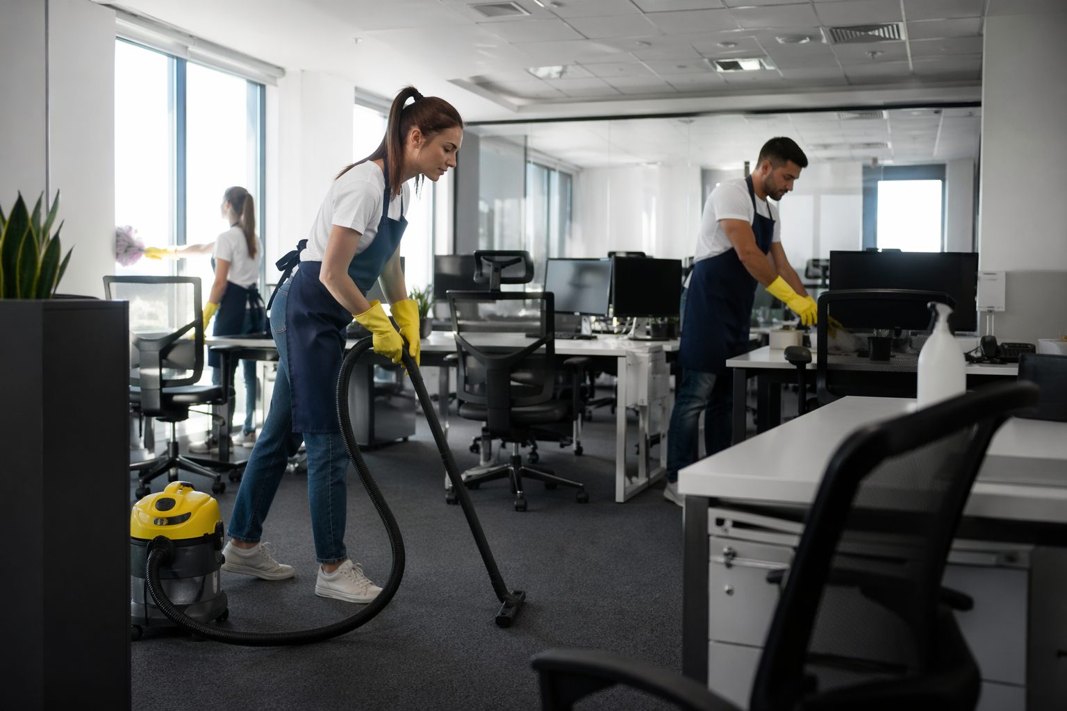 Agent d’entretien nettoyant un bureau moderne pour adapter la propreté au rythme réel d’occupation des espaces de travail