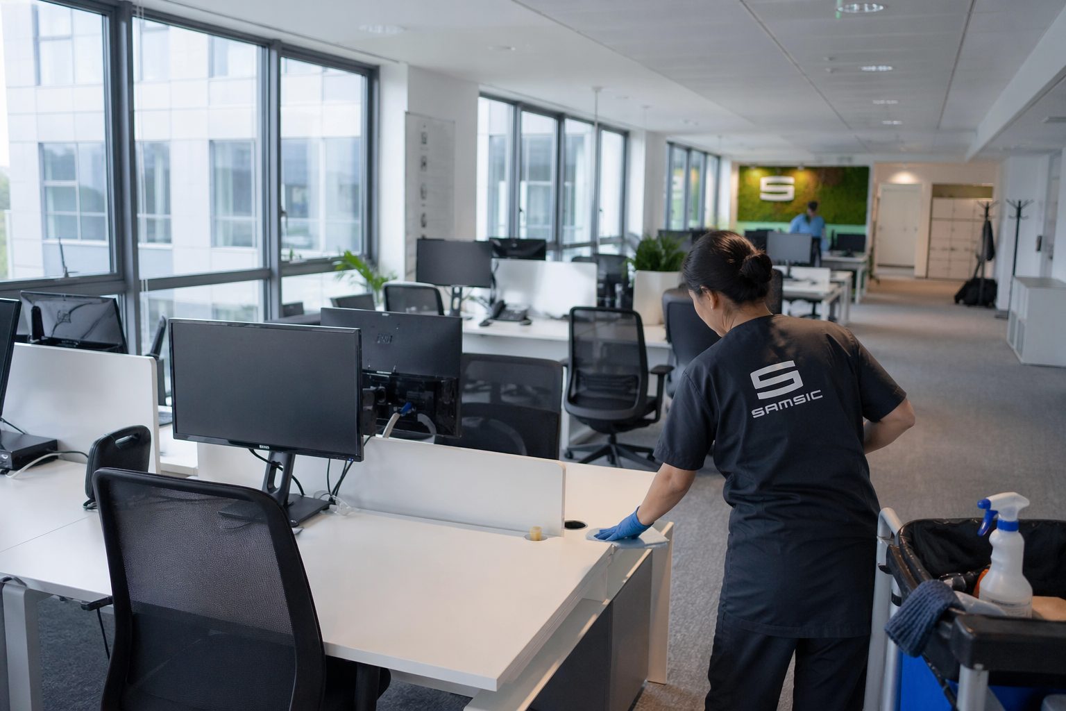 Agent d’entretien nettoyant un bureau dans un open space moderne avec présence partielle des salariés