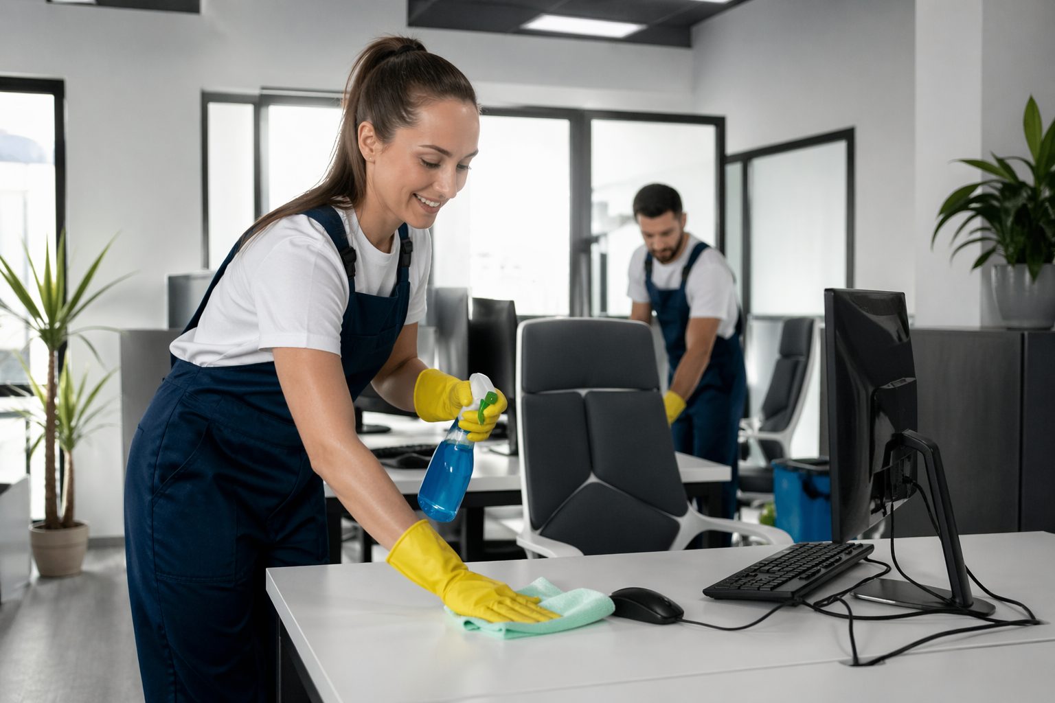 Agent d’entretien nettoyant un poste de travail dans un bureau en flex office moderne