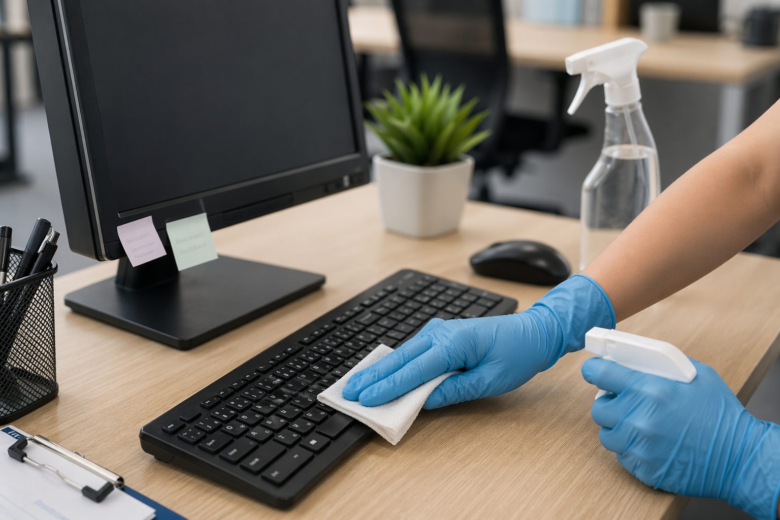 Agent de nettoyage désinfectant un clavier sur un bureau professionnel avec écran, souris et matériel informatique.