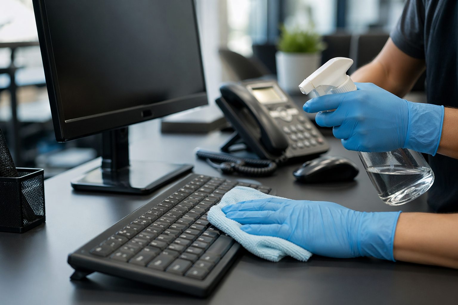 Nettoyage d’un bureau professionnel avec chiffon microfibre sans abîmer écran, téléphone et clavier