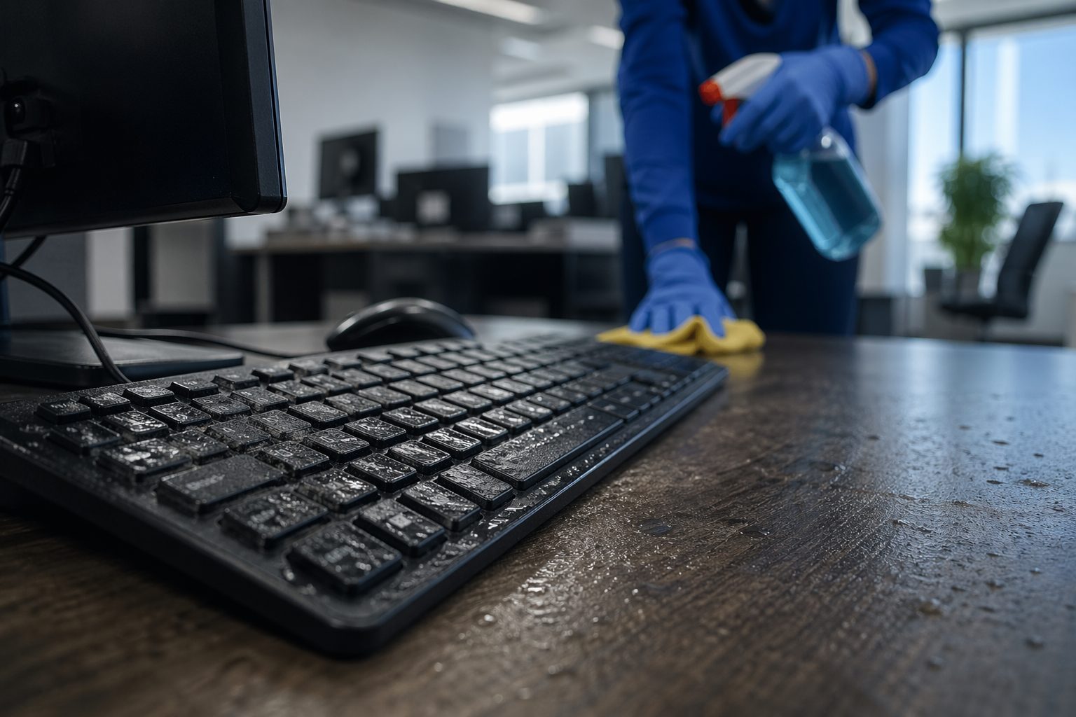 Agent d’entretien nettoyant un bureau de manière inadaptée à proximité d’un clavier d’ordinateur humide, illustrant les risques de dégradation des équipements en entreprise.