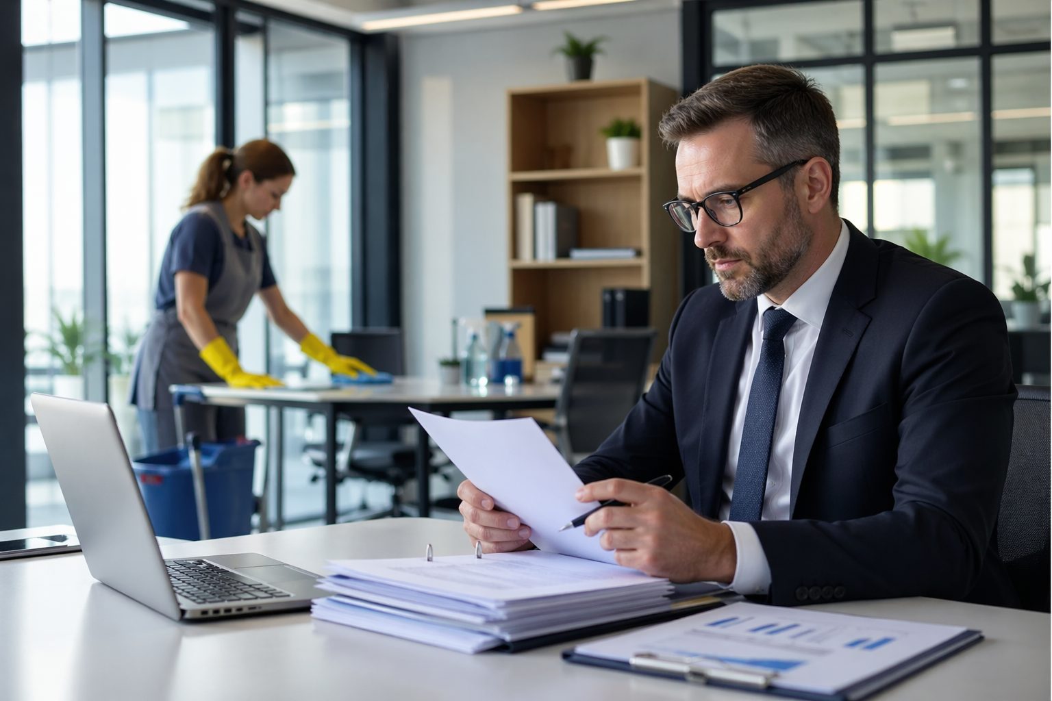 Auditeur examinant des documents dans un bureau propre pendant qu’un agent d’entretien nettoie l’espace de travail