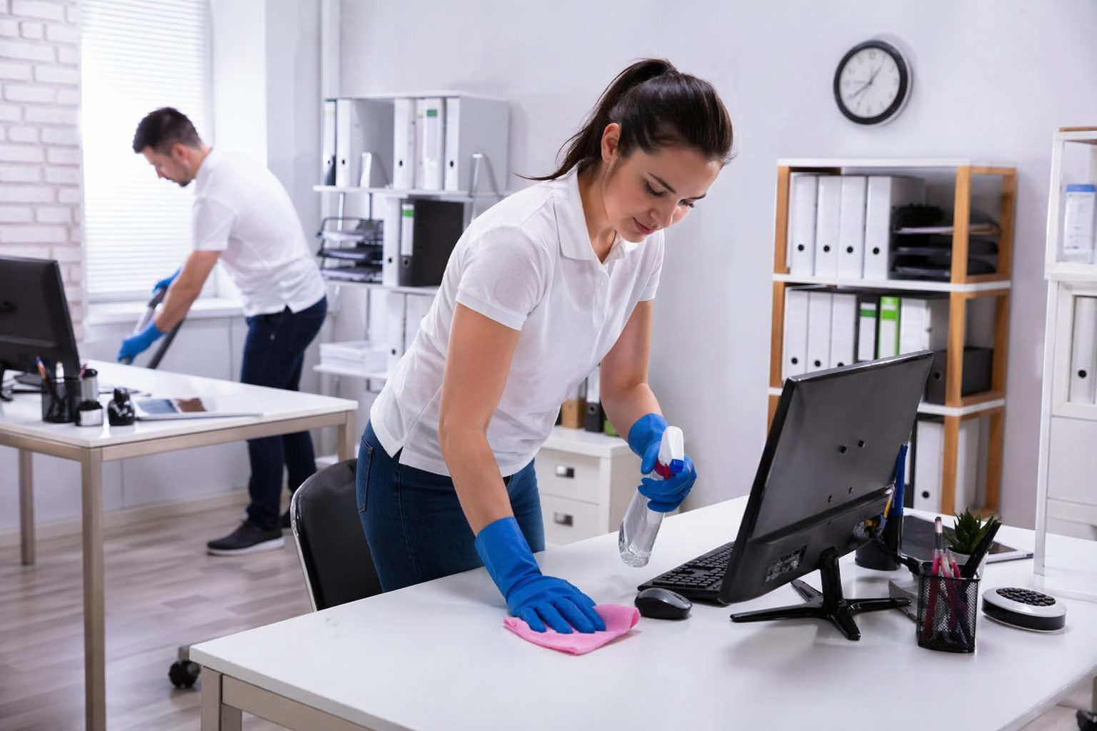 Agent d’entretien nettoyant un bureau professionnel avant un contrôle officiel dans des locaux d’entreprise