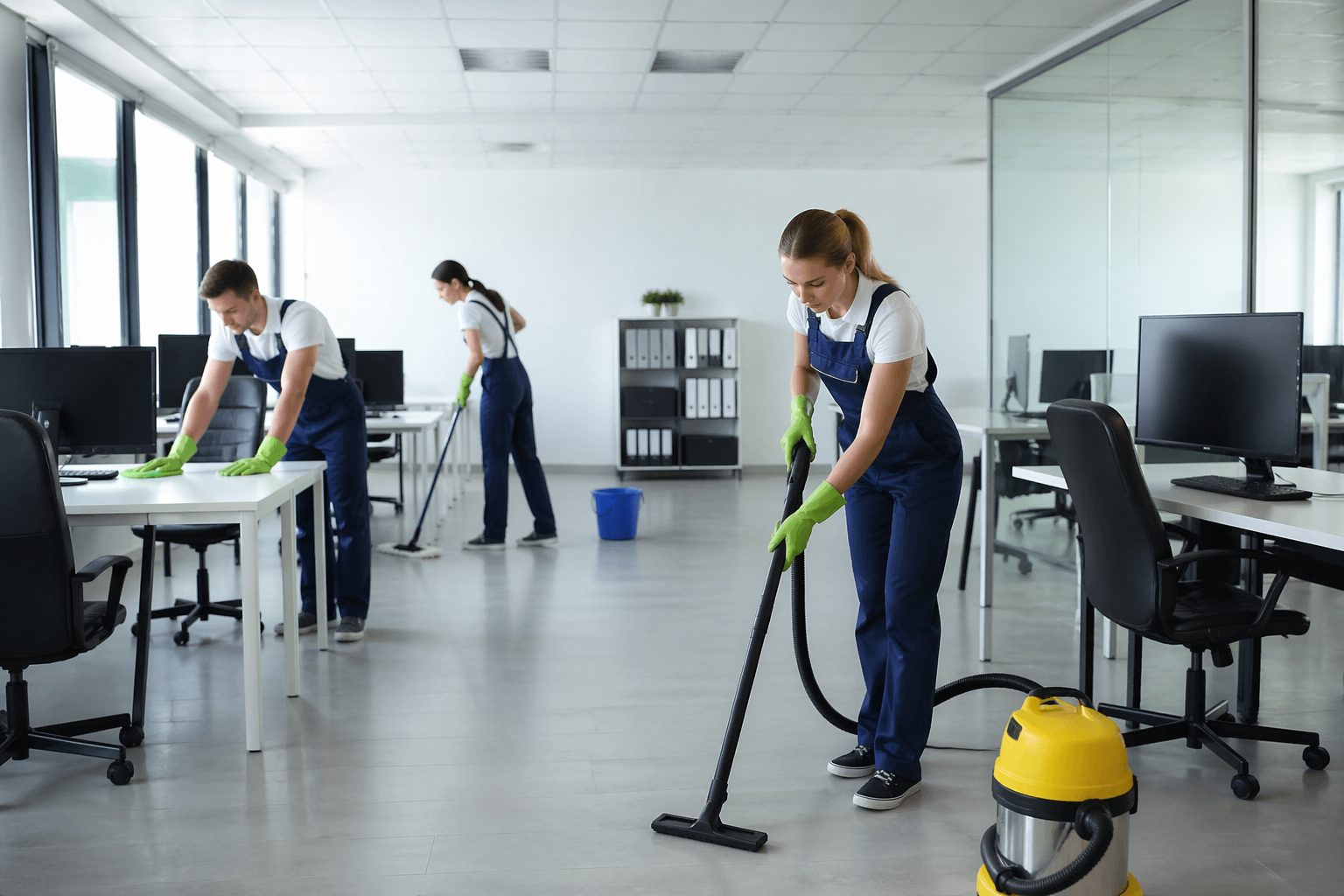 Équipe de nettoyage dans des bureaux modernes après des travaux avec aspirateur, lavage des sols et dépoussiérage des postes de travail