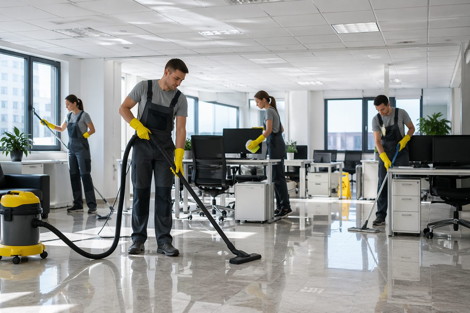 Équipe de nettoyage réalisant un entretien de bureaux post-chantier dans un open space moderne avec aspiration des sols, nettoyage des vitres et dépoussiérage des postes de travail