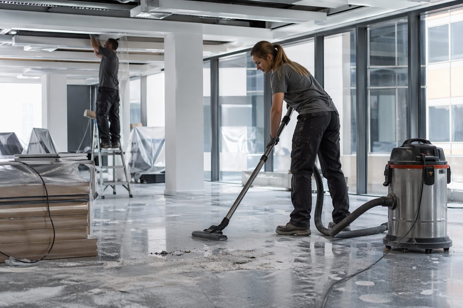 Nettoyage de bureaux après travaux avec remise en état spécifique dans un open space en rénovation