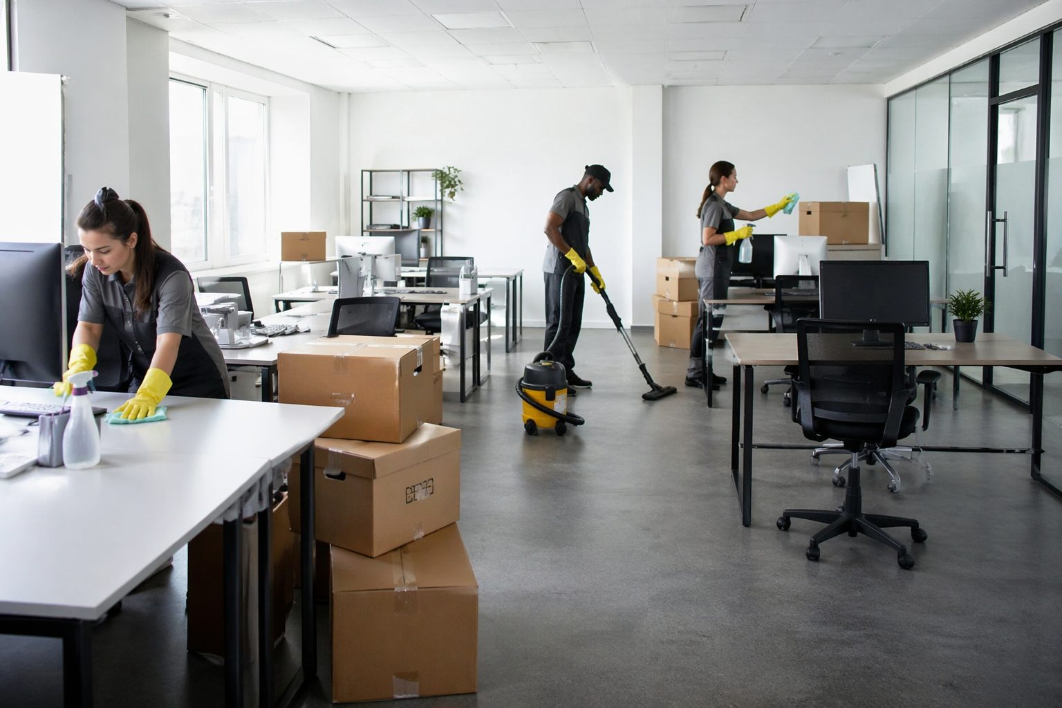 Équipe de nettoyage en train de remettre en état des bureaux après un déménagement dans un espace de travail moderne