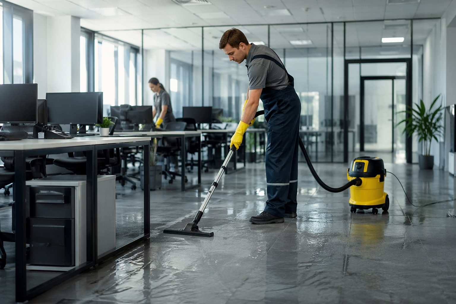 Équipe de nettoyage préparant des bureaux modernes avant un emménagement professionnel