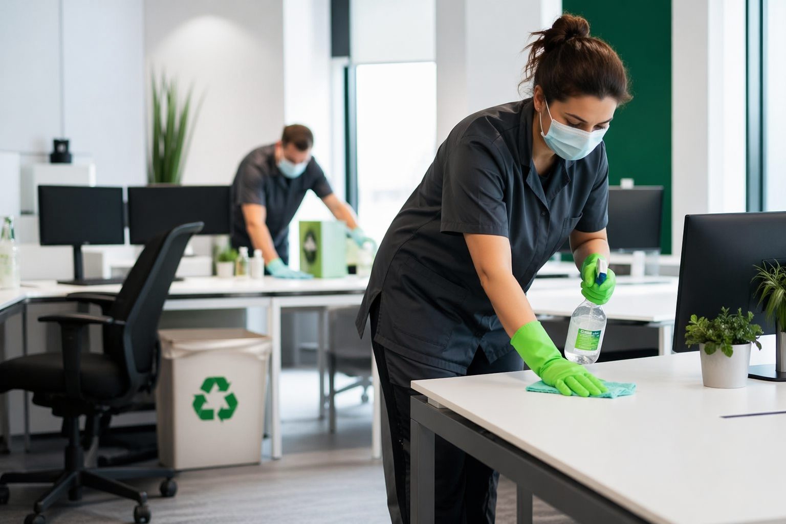 Agent d’entretien nettoyant un bureau moderne avec des produits écoresponsables dans un espace de travail professionnel