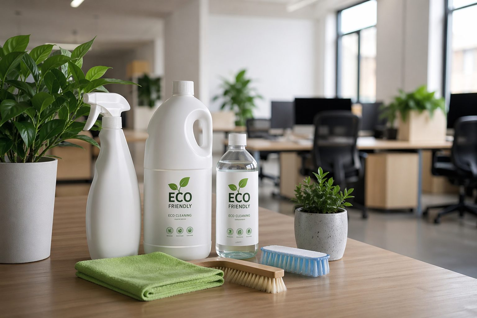Produits de nettoyage écologiques posés sur une table dans un bureau moderne pour un entretien plus respectueux de l’environnement