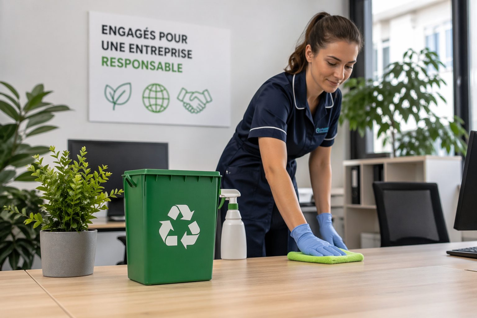 Agent de nettoyage dans un bureau moderne nettoyant un poste de travail avec produits d’entretien écologiques et bac de recyclage dans une démarche RSE