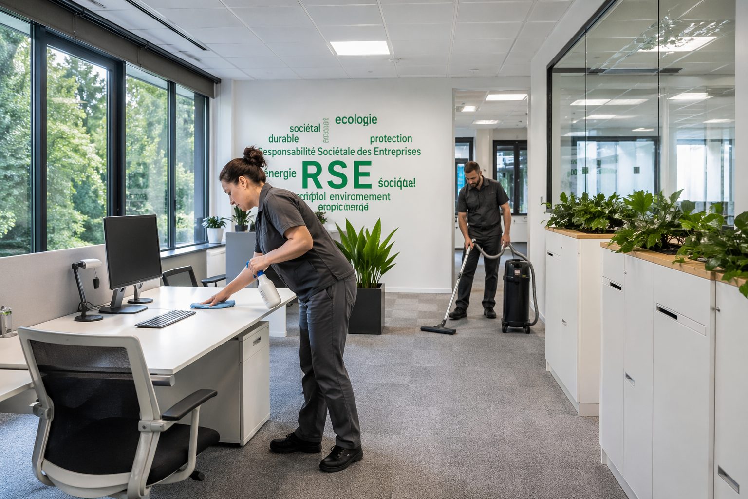 Agent de propreté nettoyant un bureau moderne dans des locaux professionnels avec plantes et démarche RSE visible