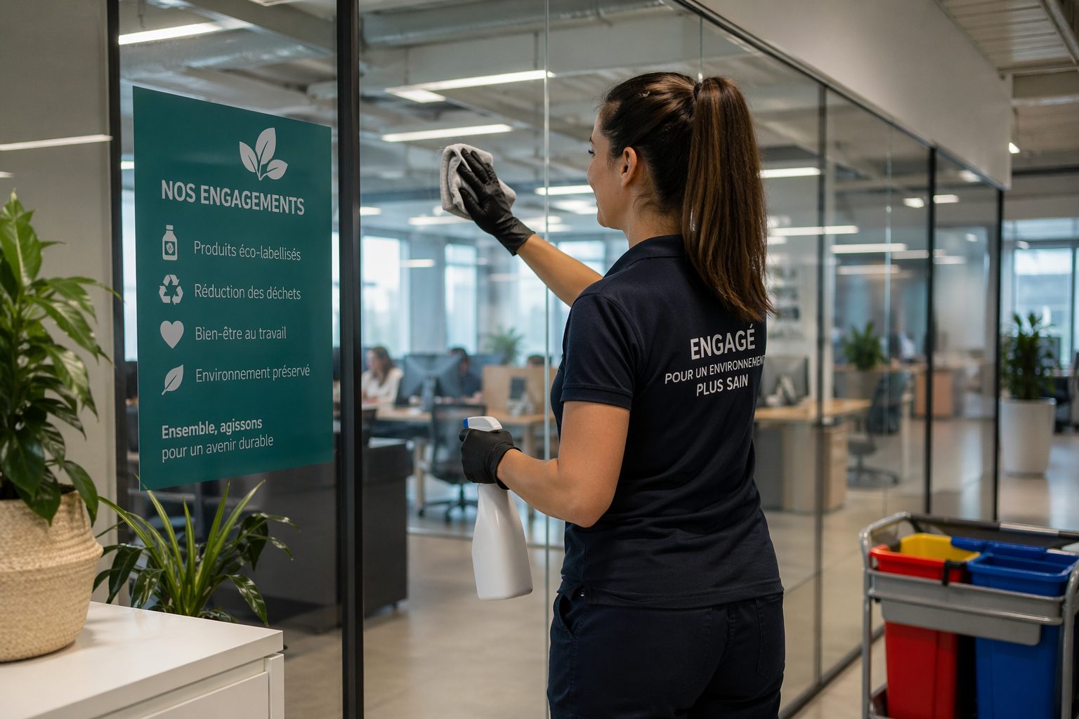 Agent d’entretien nettoyant une paroi vitrée dans un bureau moderne pour illustrer l’impact d’un nettoyage responsable sur l’image employeur