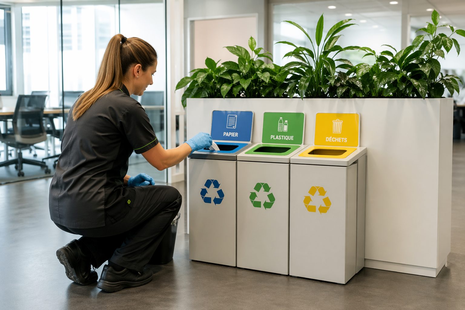 Agent d’entretien dans un bureau moderne en train de faciliter le tri des déchets avec des bacs de recyclage dédiés au papier, au plastique et aux déchets résiduels.