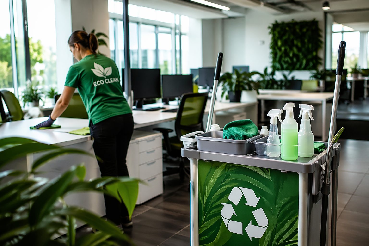 Équipe de nettoyage réalisant l’entretien écologique de bureaux modernes dans une entreprise
