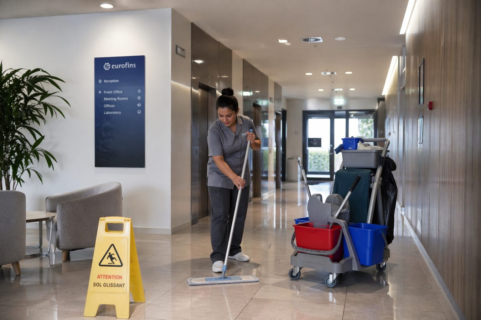Équipe de nettoyage de bureaux en train d’entretenir les parties communes d’une entreprise moderne