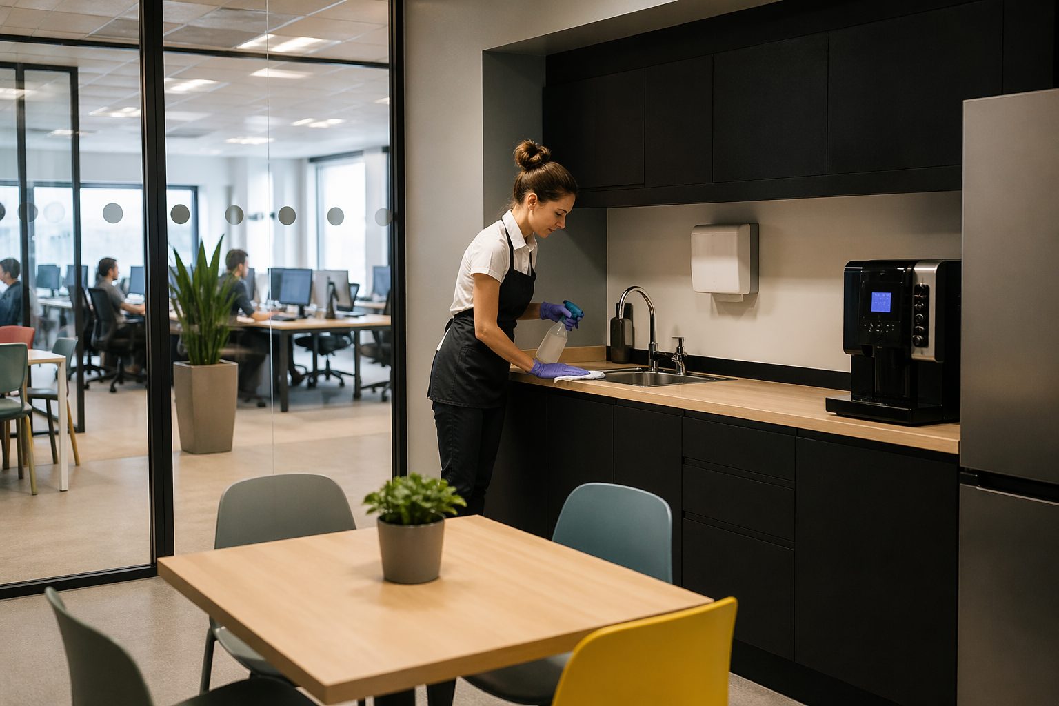Équipe de nettoyage en train d’entretenir un open space moderne pendant une période de pluie avec sol humide, panneau de sécurité et parapluies à l’entrée