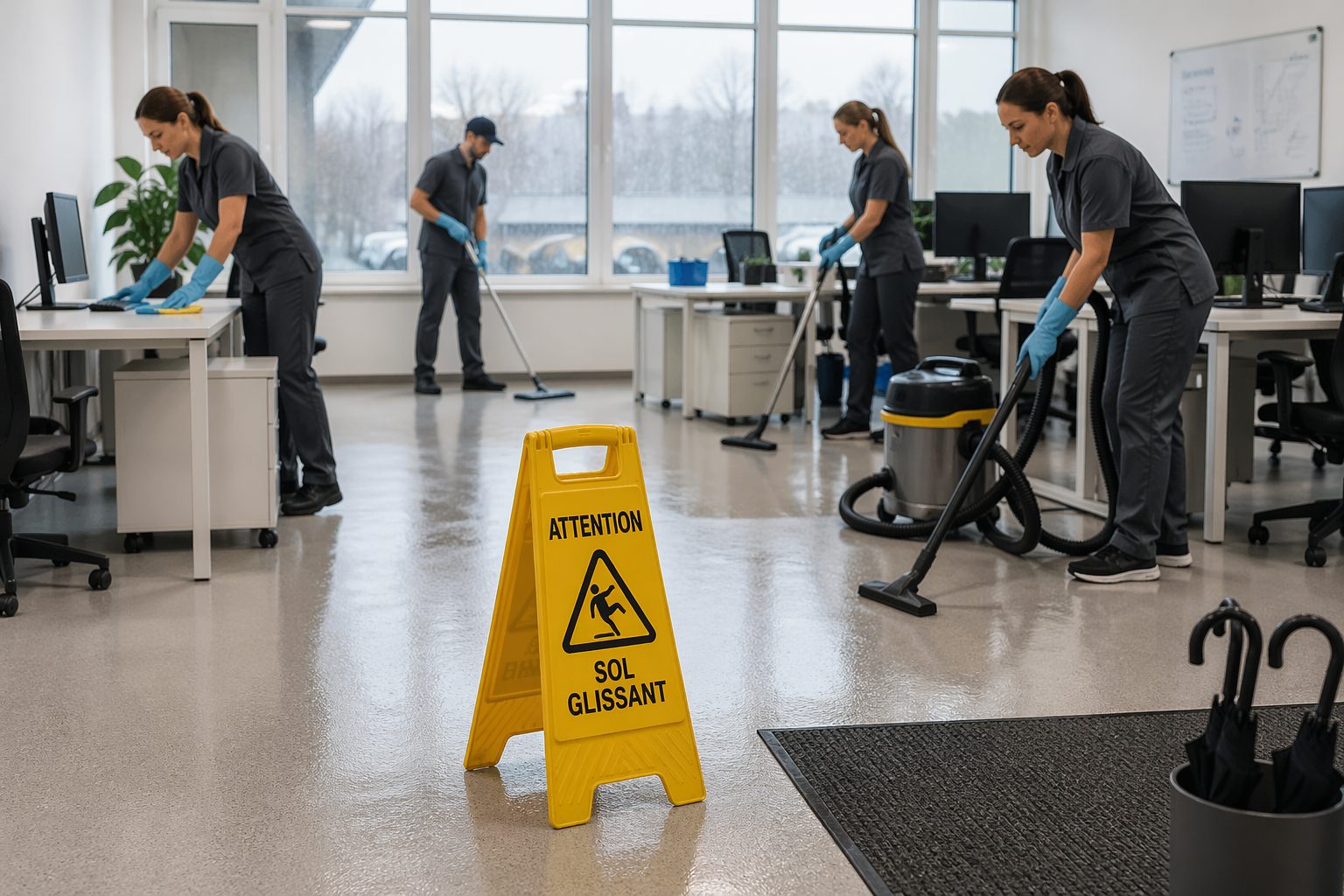 Équipe de nettoyage dans un bureau moderne illustrant l’entretien des bureaux adapté aux saisons