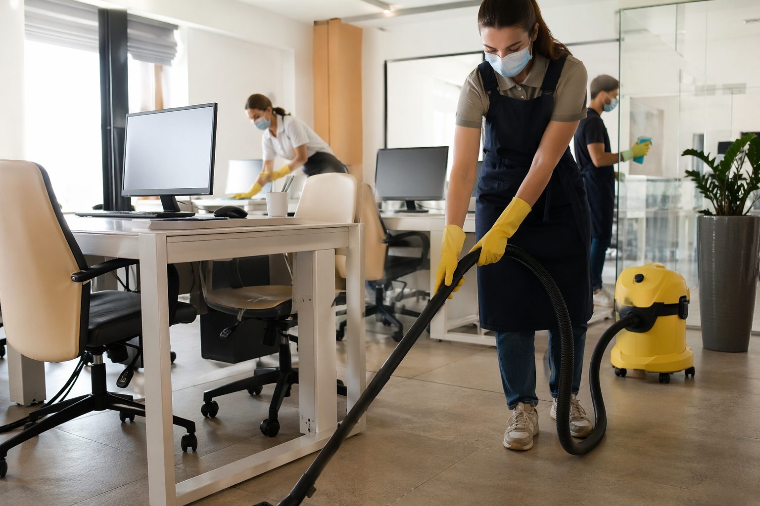 Agent de nettoyage aspirant le sol dans un bureau moderne pour améliorer la qualité de l’air intérieur