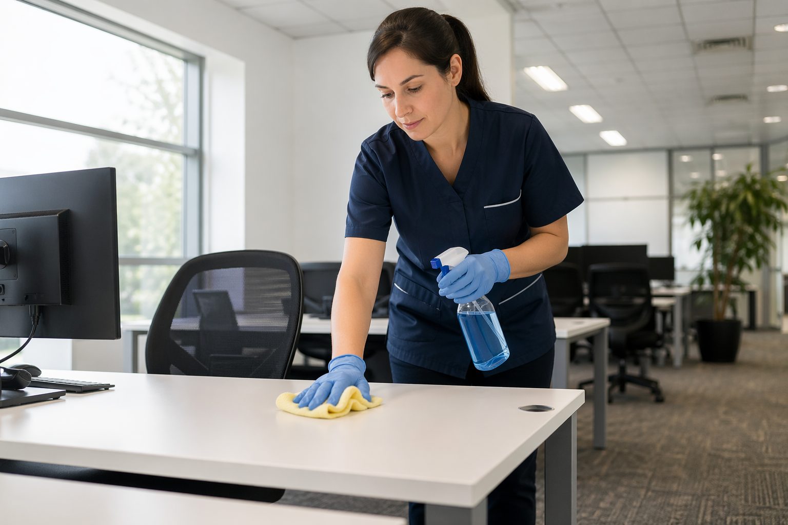 Agent d’entretien nettoyant un bureau dans un open space afin de réduire la poussière en suspension et améliorer la qualité de l’air intérieur.