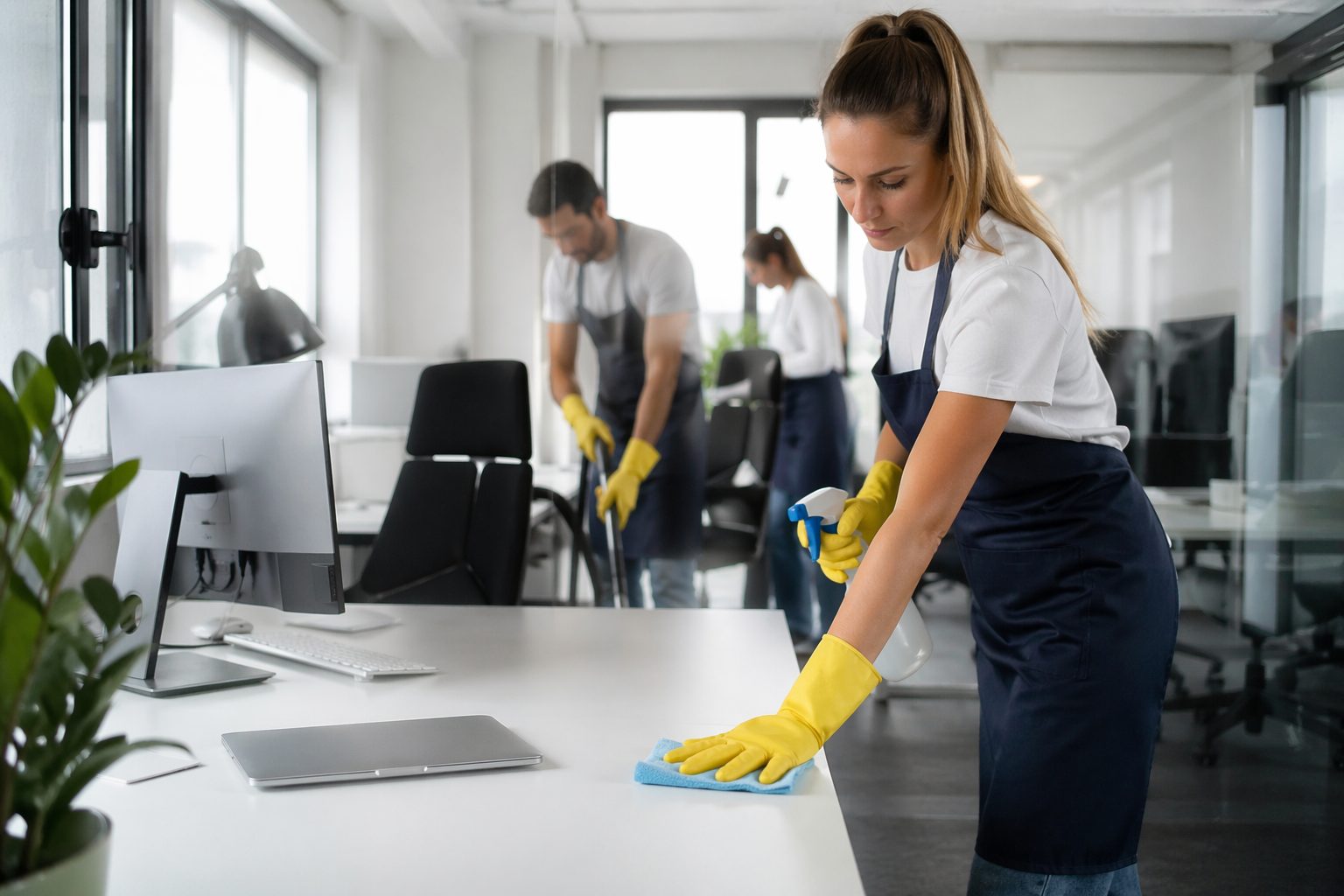 Agent d’entretien nettoyant un bureau moderne et lumineux pour améliorer la propreté des locaux et la sensation d’un air plus sain