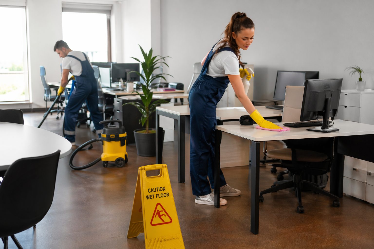 Agents de nettoyage en train d’entretenir un bureau moderne pour une prestation ponctuelle de nettoyage professionnel