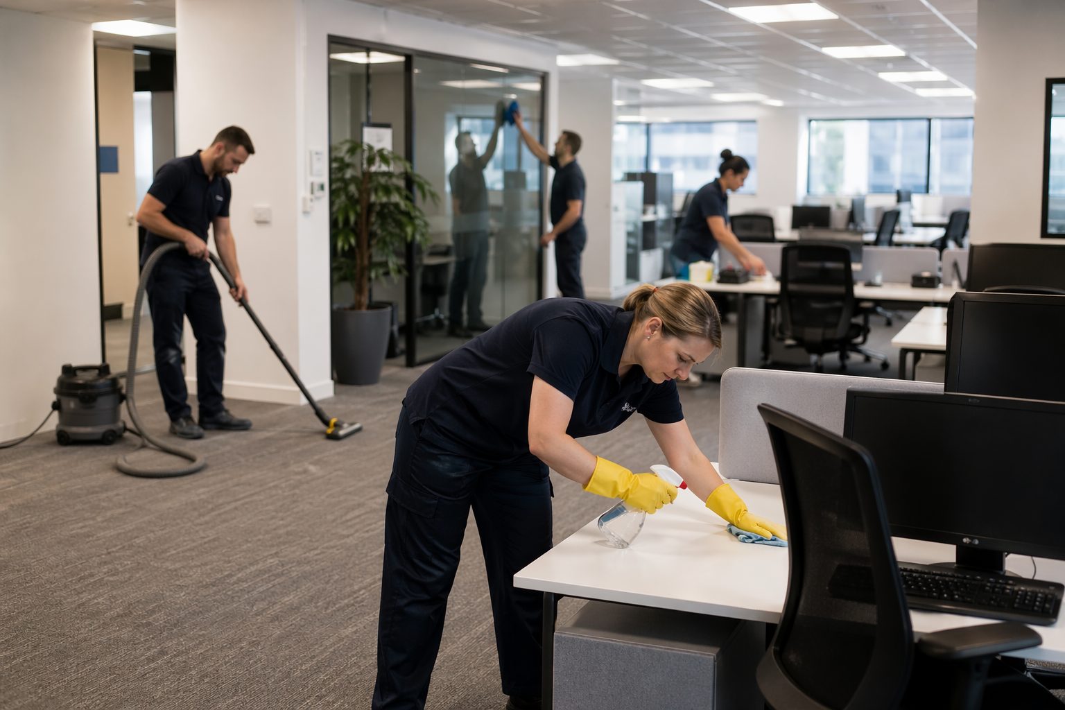 Agent d’entretien nettoyant des bureaux modernes pendant une opération de remise en état