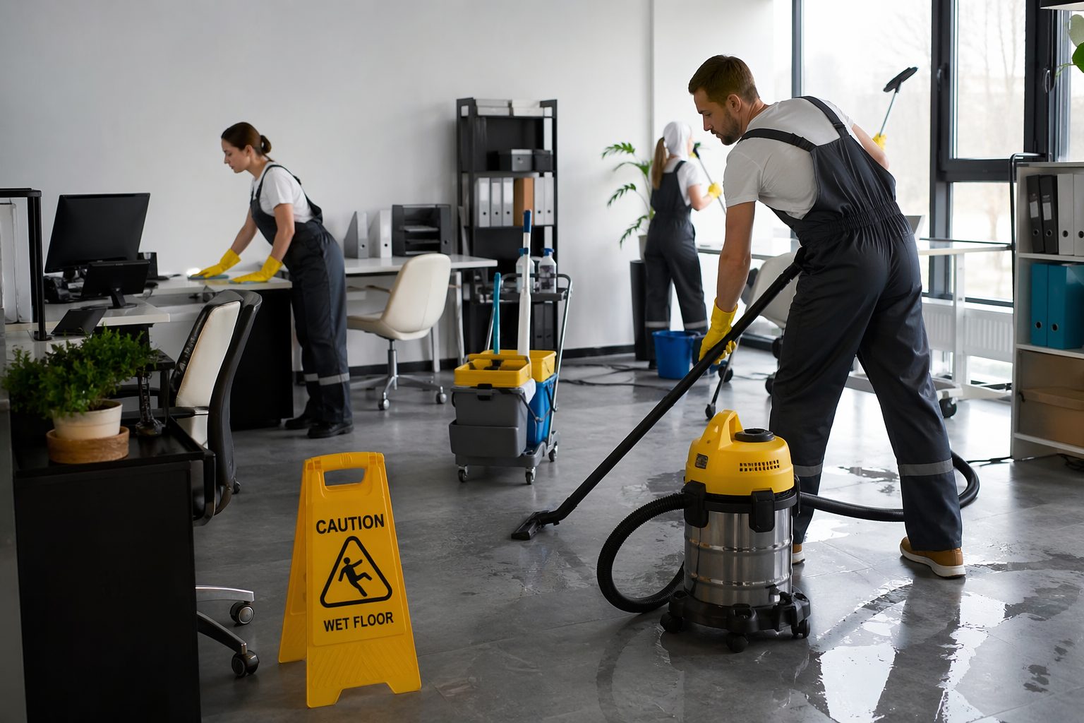 Équipe de nettoyage réalisant une intervention exceptionnelle dans des bureaux modernes pour assurer une propreté approfondie après forte sollicitation des espaces