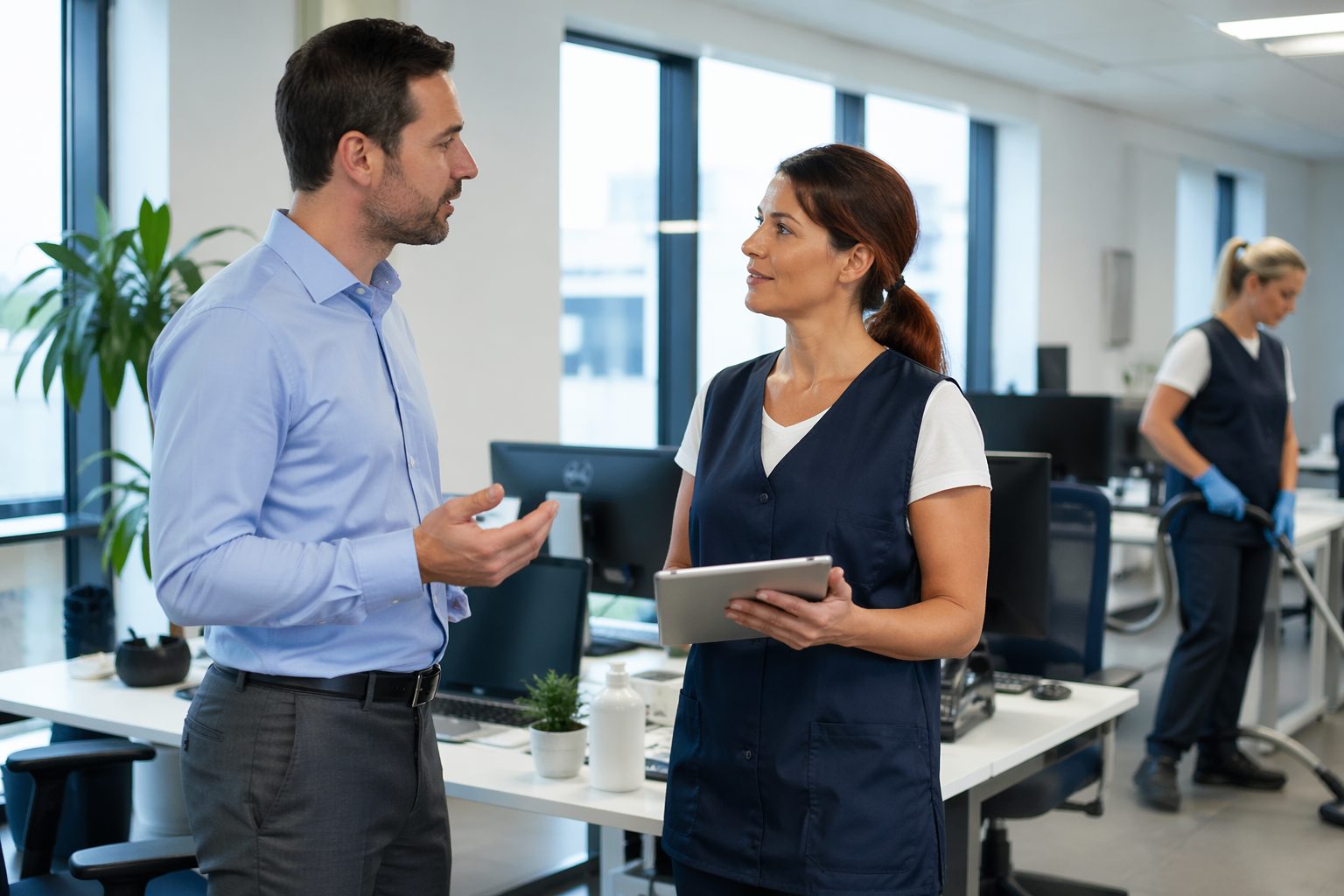 Responsable de bureau échangeant avec une agente d’entretien dans un open space propre pour améliorer la qualité de la propreté des bureaux
