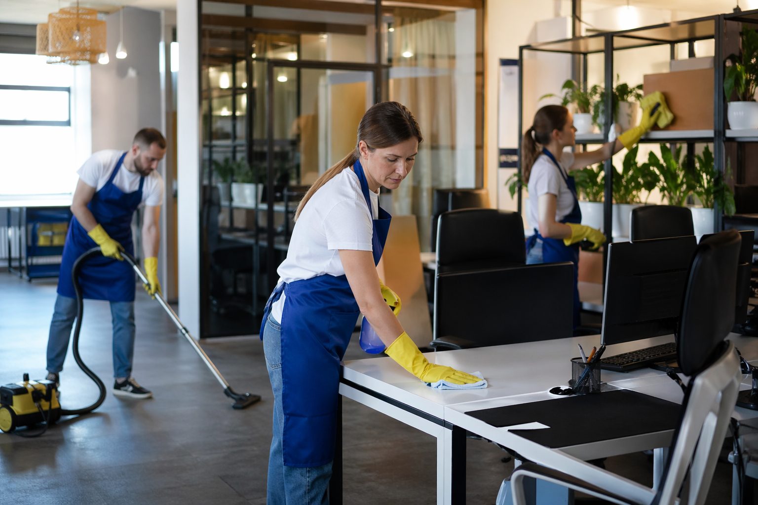 Équipe de nettoyage en train d’entretenir des bureaux dans un espace de coworking moderne et lumineux