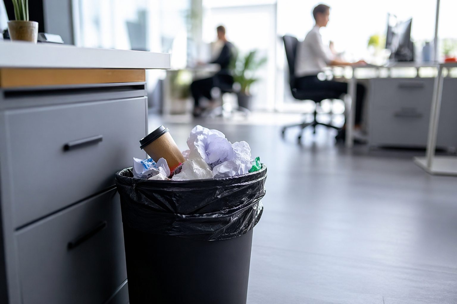 Corbeille de bureau remplie dans un open space propre illustrant l’impact de la gestion des déchets sur la propreté des bureaux