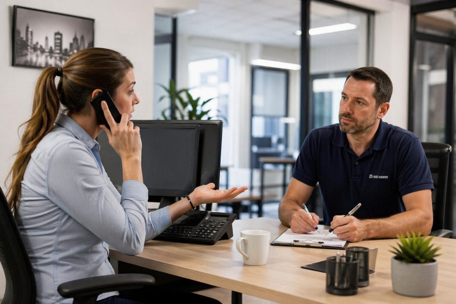 Responsable service client traitant rapidement une plainte sur l’entretien de bureaux avec un agent de propreté en réunion dans un bureau moderne